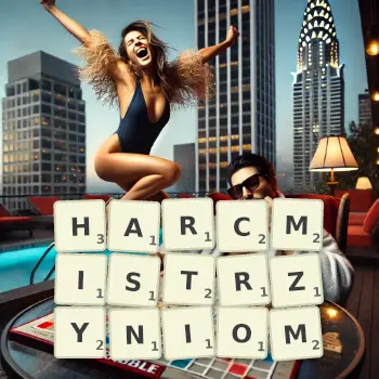 Kreatywna ilustracja do gry w Scrabble ze słowem HARCMISTRZYNIOM ułożonym z płytek na planszy.