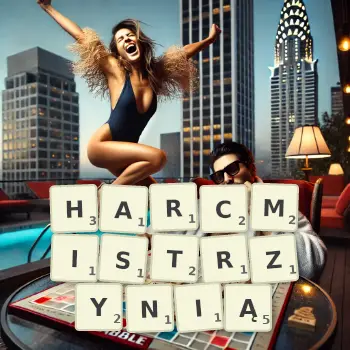 Kreatywna ilustracja do gry w Scrabble ze słowem HARCMISTRZYNIĄ ułożonym z płytek na planszy.