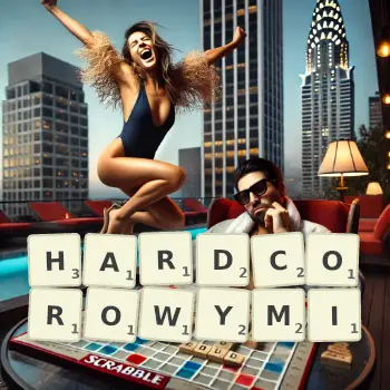 Kreatywna ilustracja do gry w Scrabble ze słowem HARDCOROWYMI ułożonym z płytek na planszy.