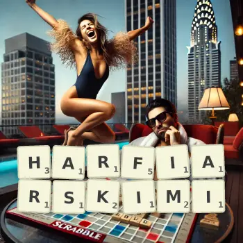 Kreatywna ilustracja do gry w Scrabble ze słowem HARFIARSKIMI ułożonym z płytek na planszy.