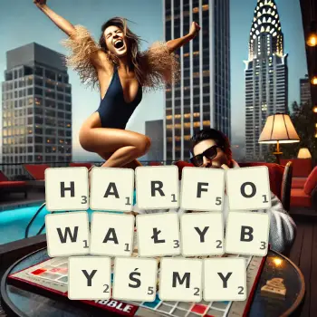 Kreatywna ilustracja do gry w Scrabble ze słowem HARFOWAŁYBYŚMY ułożonym z płytek na planszy.