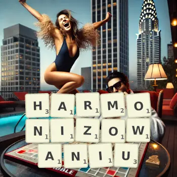 Kreatywna ilustracja do gry w Scrabble ze słowem HARMONIZOWANIU ułożonym z płytek na planszy.