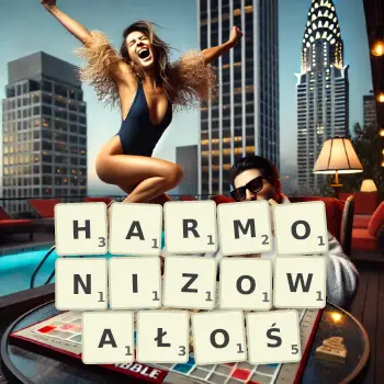 Kreatywna ilustracja do gry w Scrabble ze słowem HARMONIZOWAŁOŚ ułożonym z płytek na planszy.