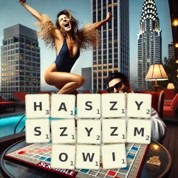 Kreatywna ilustracja do gry w Scrabble ze słowem HASZYSZYZMOWI ułożonym z płytek na planszy.