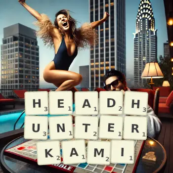 Kreatywna ilustracja do gry w Scrabble ze słowem HEADHUNTERKAMI ułożonym z płytek na planszy.