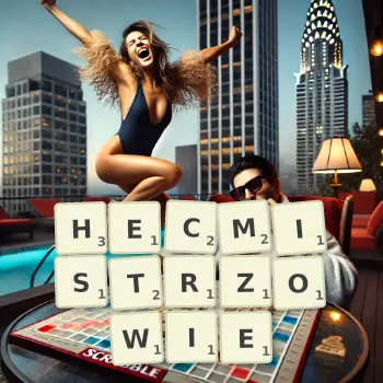 Kreatywna ilustracja do gry w Scrabble ze słowem HECMISTRZOWIE ułożonym z płytek na planszy.