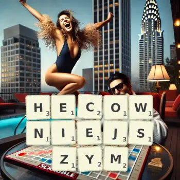 Kreatywna ilustracja do gry w Scrabble ze słowem HECOWNIEJSZYM ułożonym z płytek na planszy.