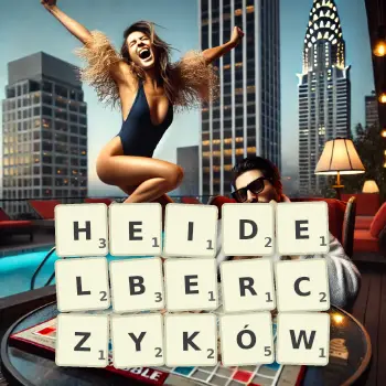 Kreatywna ilustracja do gry w Scrabble ze słowem HEIDELBERCZYKÓW ułożonym z płytek na planszy.