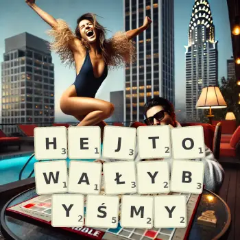 Kreatywna ilustracja do gry w Scrabble ze słowem HEJTOWAŁYBYŚMY ułożonym z płytek na planszy.