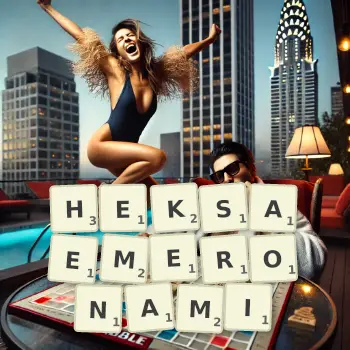 Kreatywna ilustracja do gry w Scrabble ze słowem HEKSAEMERONAMI ułożonym z płytek na planszy.