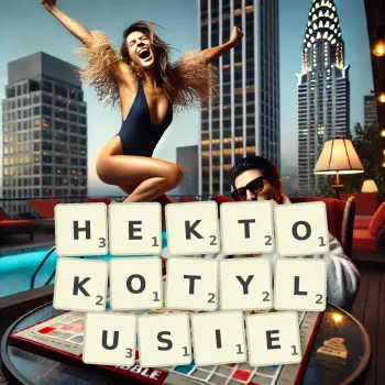 Kreatywna ilustracja do gry w Scrabble ze słowem HEKTOKOTYLUSIE ułożonym z płytek na planszy.