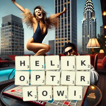 Kreatywna ilustracja do gry w Scrabble ze słowem HELIKOPTERKOWI ułożonym z płytek na planszy.