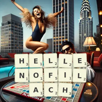 Kreatywna ilustracja do gry w Scrabble ze słowem HELLENOFILACH ułożonym z płytek na planszy.