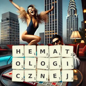 Kreatywna ilustracja do gry w Scrabble ze słowem HEMATOLOGICZNEJ ułożonym z płytek na planszy.