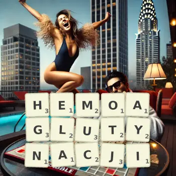 Kreatywna ilustracja do gry w Scrabble ze słowem HEMOAGLUTYNACJI ułożonym z płytek na planszy.