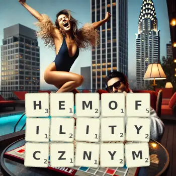 Kreatywna ilustracja do gry w Scrabble ze słowem HEMOFILITYCZNYM ułożonym z płytek na planszy.