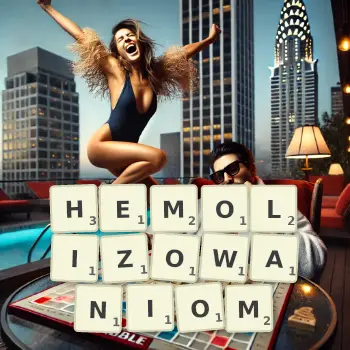 Kreatywna ilustracja do gry w Scrabble ze słowem HEMOLIZOWANIOM ułożonym z płytek na planszy.