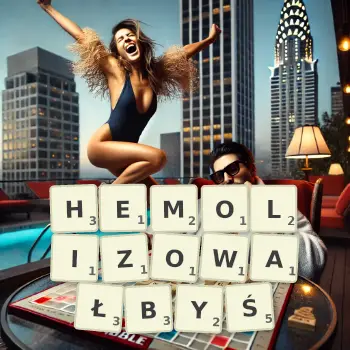 Kreatywna ilustracja do gry w Scrabble ze słowem HEMOLIZOWAŁBYŚ ułożonym z płytek na planszy.