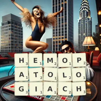 Kreatywna ilustracja do gry w Scrabble ze słowem HEMOPATOLOGIACH ułożonym z płytek na planszy.