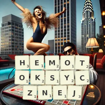 Kreatywna ilustracja do gry w Scrabble ze słowem HEMOTOKSYCZNEJ ułożonym z płytek na planszy.