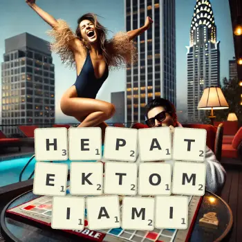 Kreatywna ilustracja do gry w Scrabble ze słowem HEPATEKTOMIAMI ułożonym z płytek na planszy.