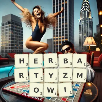 Kreatywna ilustracja do gry w Scrabble ze słowem HERBARTYZMOWI ułożonym z płytek na planszy.