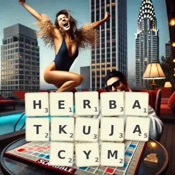 Kreatywna ilustracja do gry w Scrabble ze słowem HERBATKUJĄCYM ułożonym z płytek na planszy.