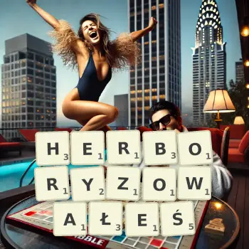 Kreatywna ilustracja do gry w Scrabble ze słowem HERBORYZOWAŁEŚ ułożonym z płytek na planszy.