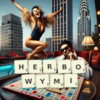 Kreatywna ilustracja do gry w Scrabble ze słowem HERBOWYMI ułożonym z płytek na planszy.