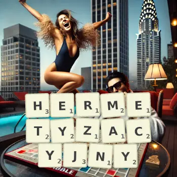 Kreatywna ilustracja do gry w Scrabble ze słowem HERMETYZACYJNY ułożonym z płytek na planszy.