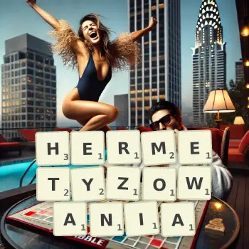 Kreatywna ilustracja do gry w Scrabble ze słowem HERMETYZOWANIA ułożonym z płytek na planszy.