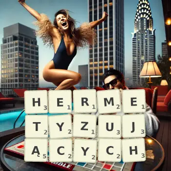 Kreatywna ilustracja do gry w Scrabble ze słowem HERMETYZUJĄCYCH ułożonym z płytek na planszy.
