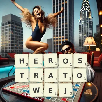 Kreatywna ilustracja do gry w Scrabble ze słowem HEROSTRATOWEJ ułożonym z płytek na planszy.