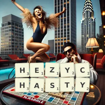 Kreatywna ilustracja do gry w Scrabble ze słowem HEZYCHASTY ułożonym z płytek na planszy.