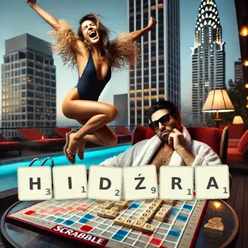 Kreatywna ilustracja do gry w Scrabble ze słowem HIDŹRA ułożonym z płytek na planszy.