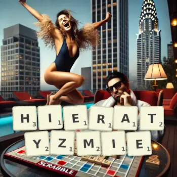 Kreatywna ilustracja do gry w Scrabble ze słowem HIERATYZMIE ułożonym z płytek na planszy.