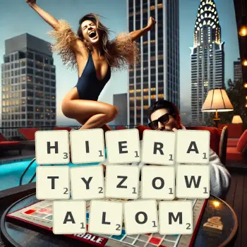 Kreatywna ilustracja do gry w Scrabble ze słowem HIERATYZOWALOM ułożonym z płytek na planszy.
