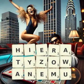 Kreatywna ilustracja do gry w Scrabble ze słowem HIERATYZOWANEMU ułożonym z płytek na planszy.