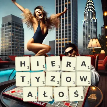 Kreatywna ilustracja do gry w Scrabble ze słowem HIERATYZOWAŁOŚ ułożonym z płytek na planszy.