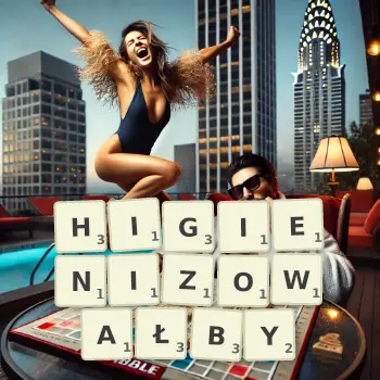 Kreatywna ilustracja do gry w Scrabble ze słowem HIGIENIZOWAŁBY ułożonym z płytek na planszy.