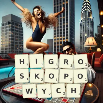 Kreatywna ilustracja do gry w Scrabble ze słowem HIGROSKOPOWYCH ułożonym z płytek na planszy.