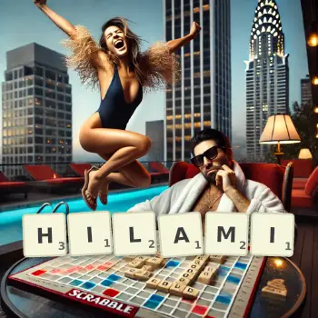 Kreatywna ilustracja do gry w Scrabble ze słowem HILAMI ułożonym z płytek na planszy.