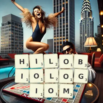 Kreatywna ilustracja do gry w Scrabble ze słowem HILOBIOLOGIOM ułożonym z płytek na planszy.