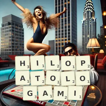 Kreatywna ilustracja do gry w Scrabble ze słowem HILOPATOLOGAMI ułożonym z płytek na planszy.