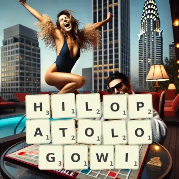 Kreatywna ilustracja do gry w Scrabble ze słowem HILOPATOLOGOWI ułożonym z płytek na planszy.