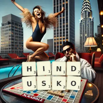 Kreatywna ilustracja do gry w Scrabble ze słowem HINDUSKO ułożonym z płytek na planszy.