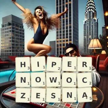 Kreatywna ilustracja do gry w Scrabble ze słowem HIPERNOWOCZESNĄ ułożonym z płytek na planszy.