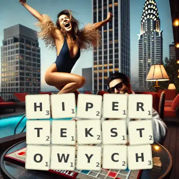 Kreatywna ilustracja do gry w Scrabble ze słowem HIPERTEKSTOWYCH ułożonym z płytek na planszy.