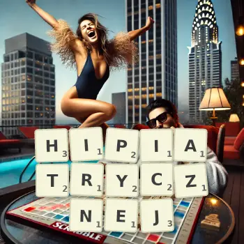 Kreatywna ilustracja do gry w Scrabble ze słowem HIPIATRYCZNEJ ułożonym z płytek na planszy.
