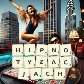 Kreatywna ilustracja do gry w Scrabble ze słowem HIPNOTYZACJACH ułożonym z płytek na planszy.